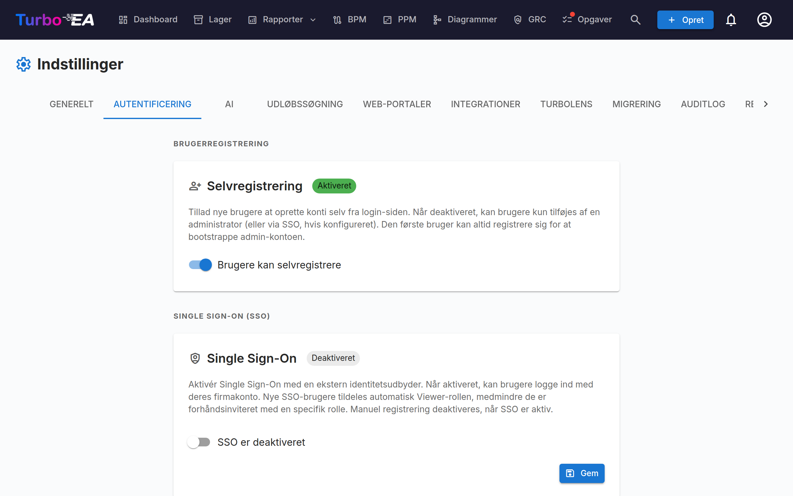 Indstillinger for godkendelse og SSO