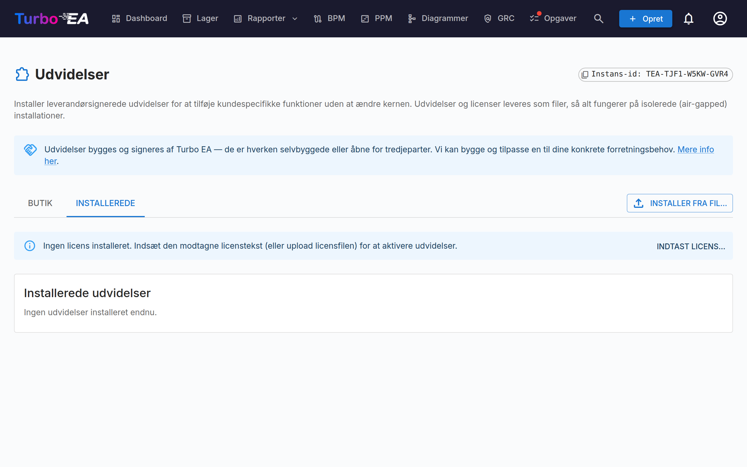 Udvidelser — fanen Installerede med instans-id'et