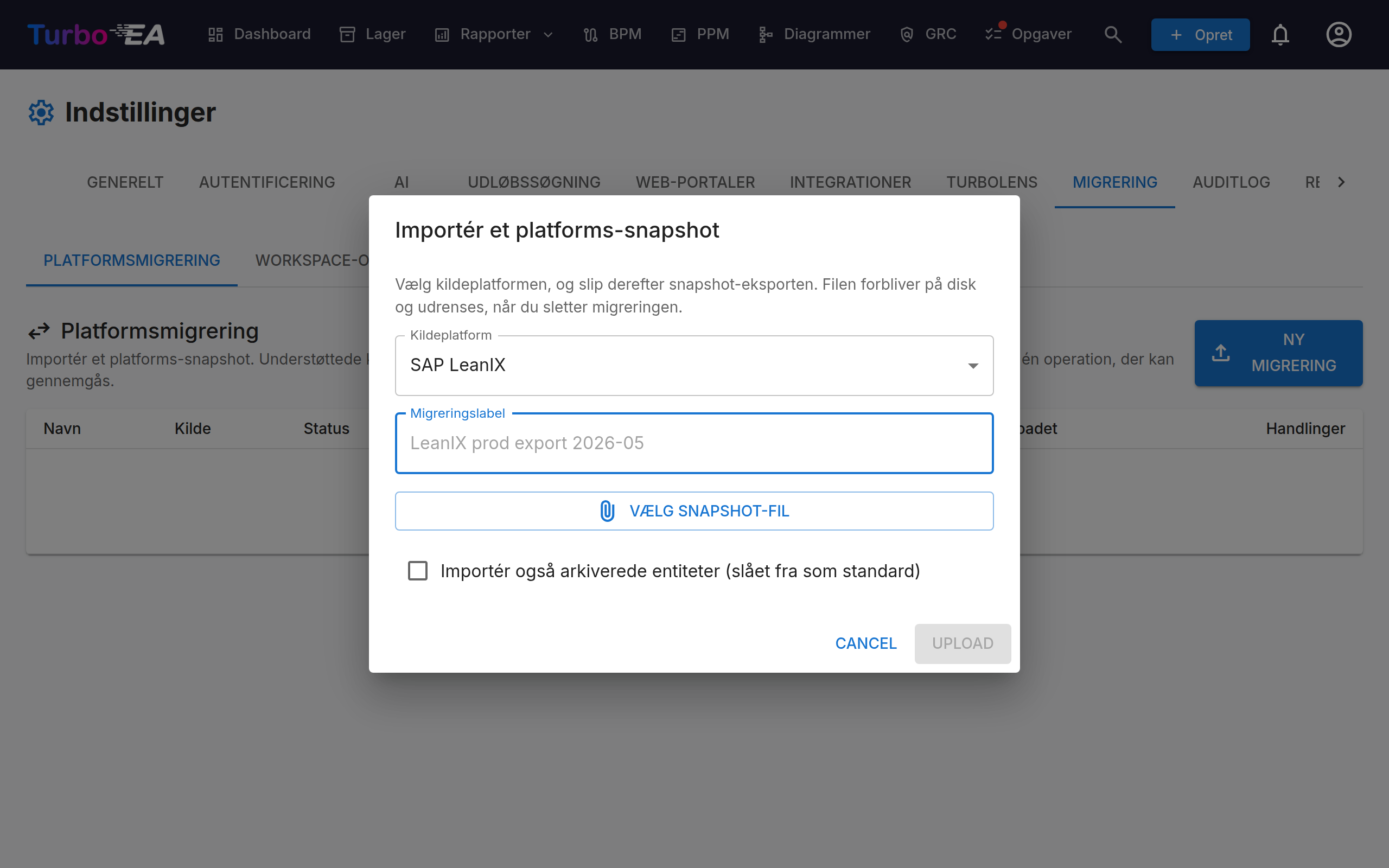 Start en LeanIX-migrering under Indstillinger → Migrering