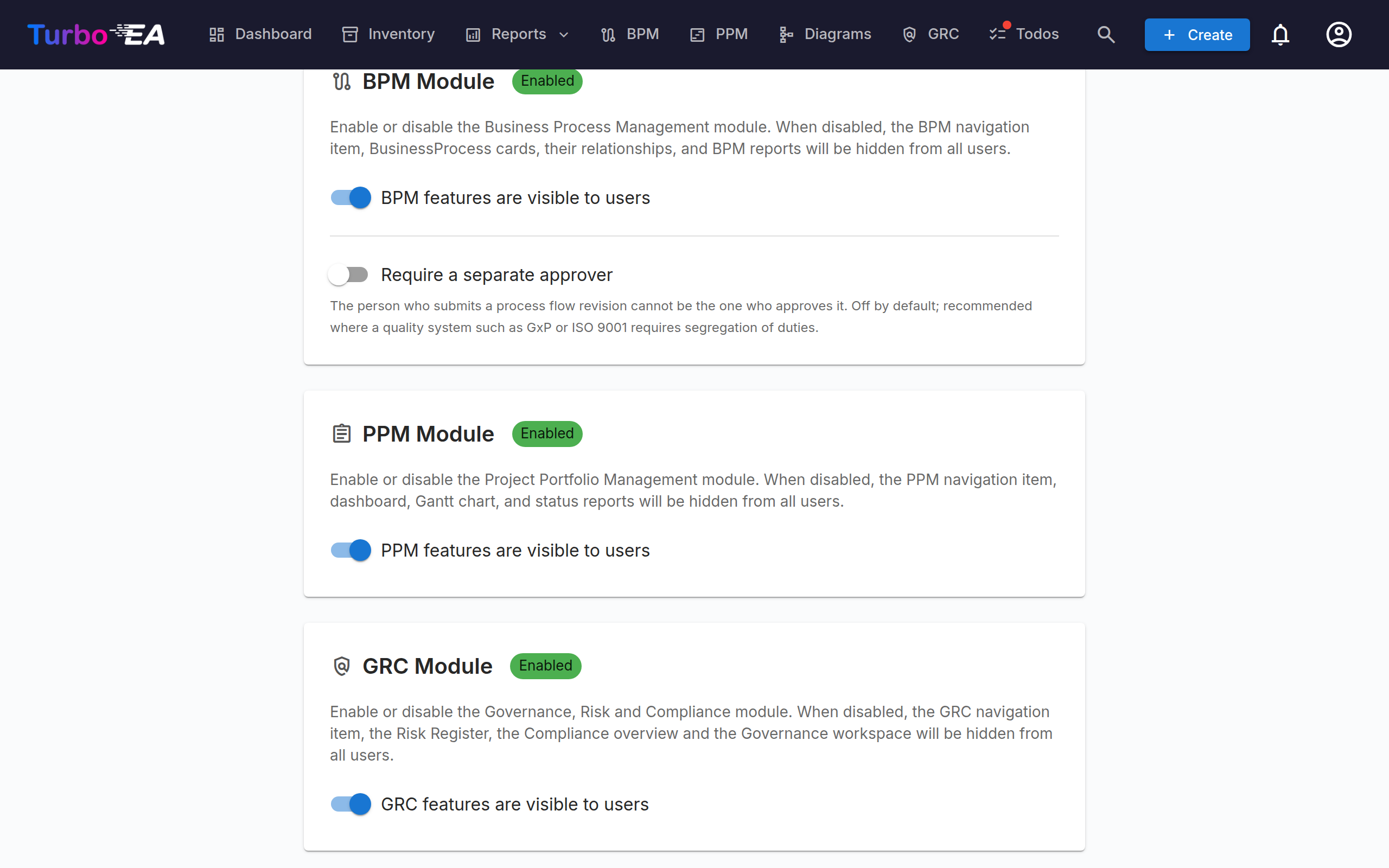 Module toggles in Settings → General