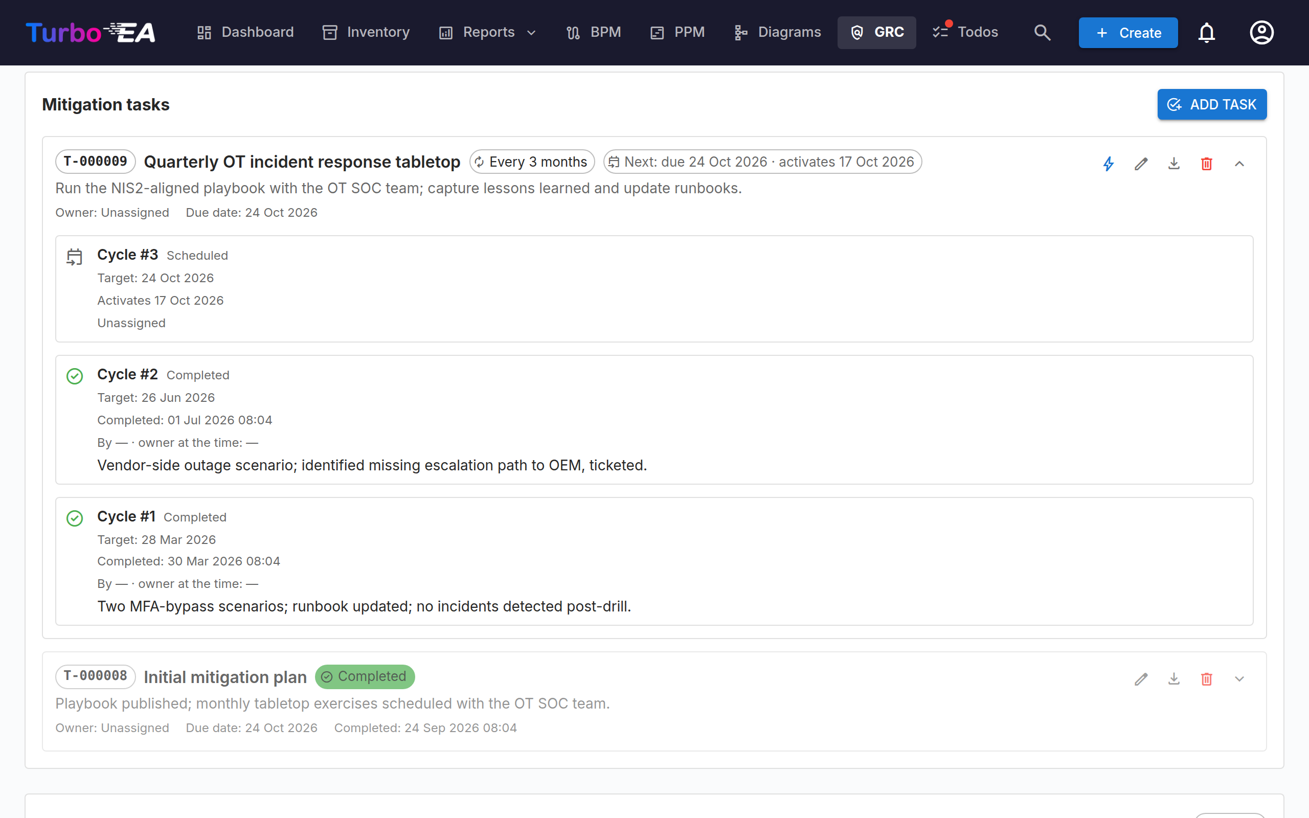 Mitigation tasks on the risk detail page