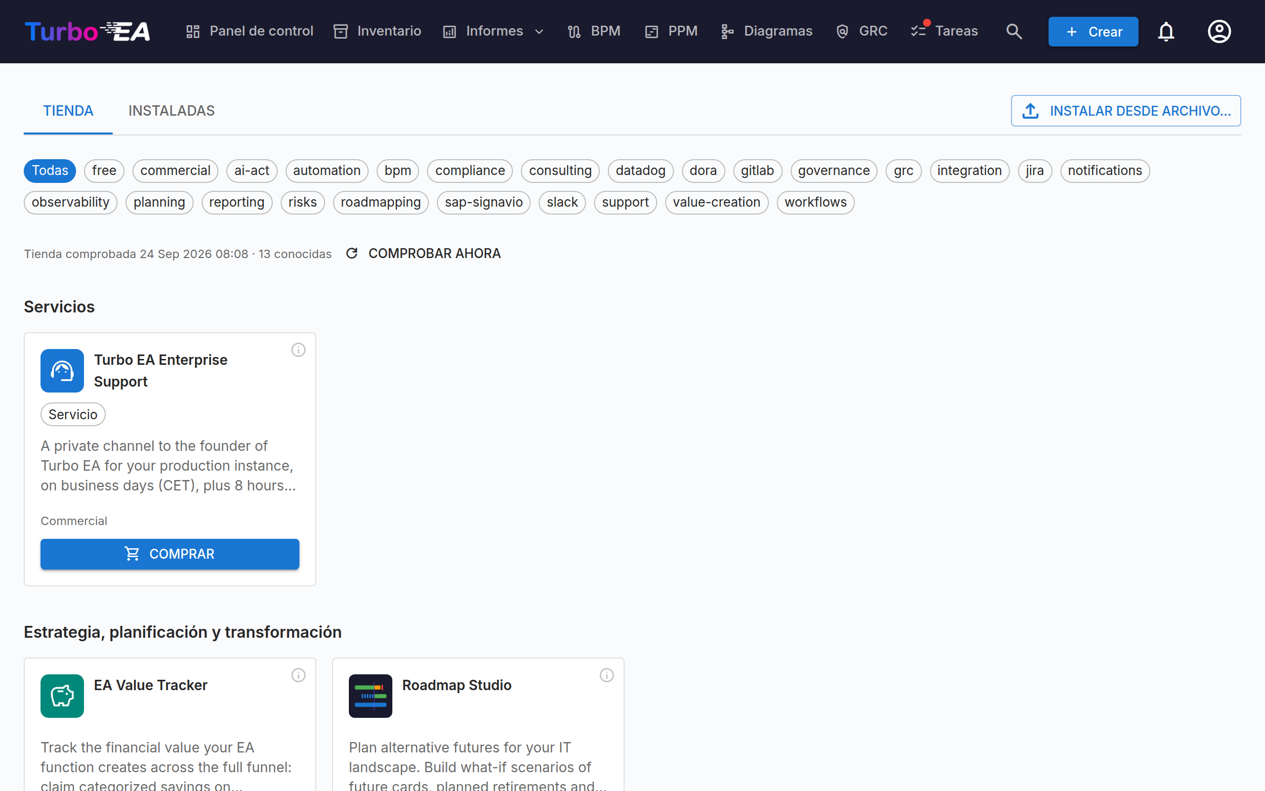 Extensiones — pestaña Tienda