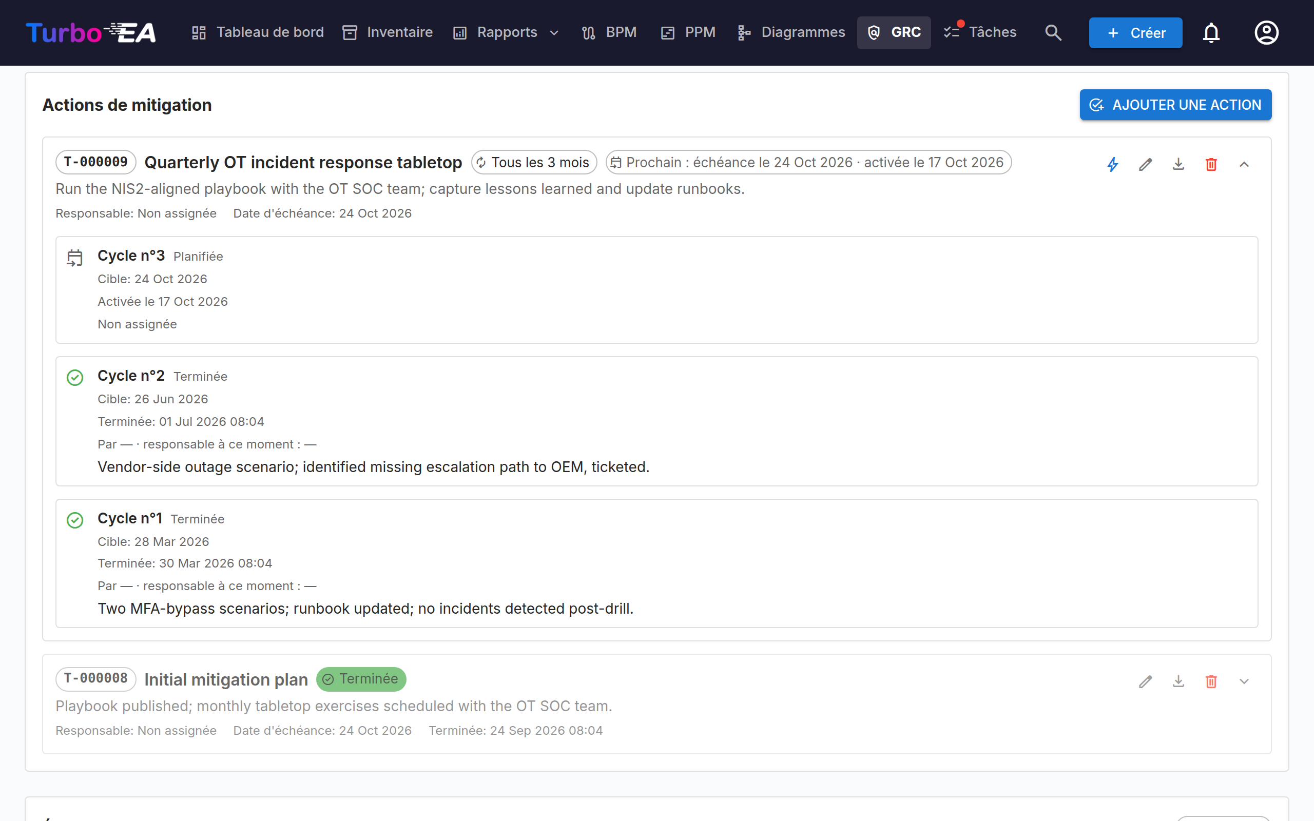 Actions de mitigation sur la page de détail du risque
