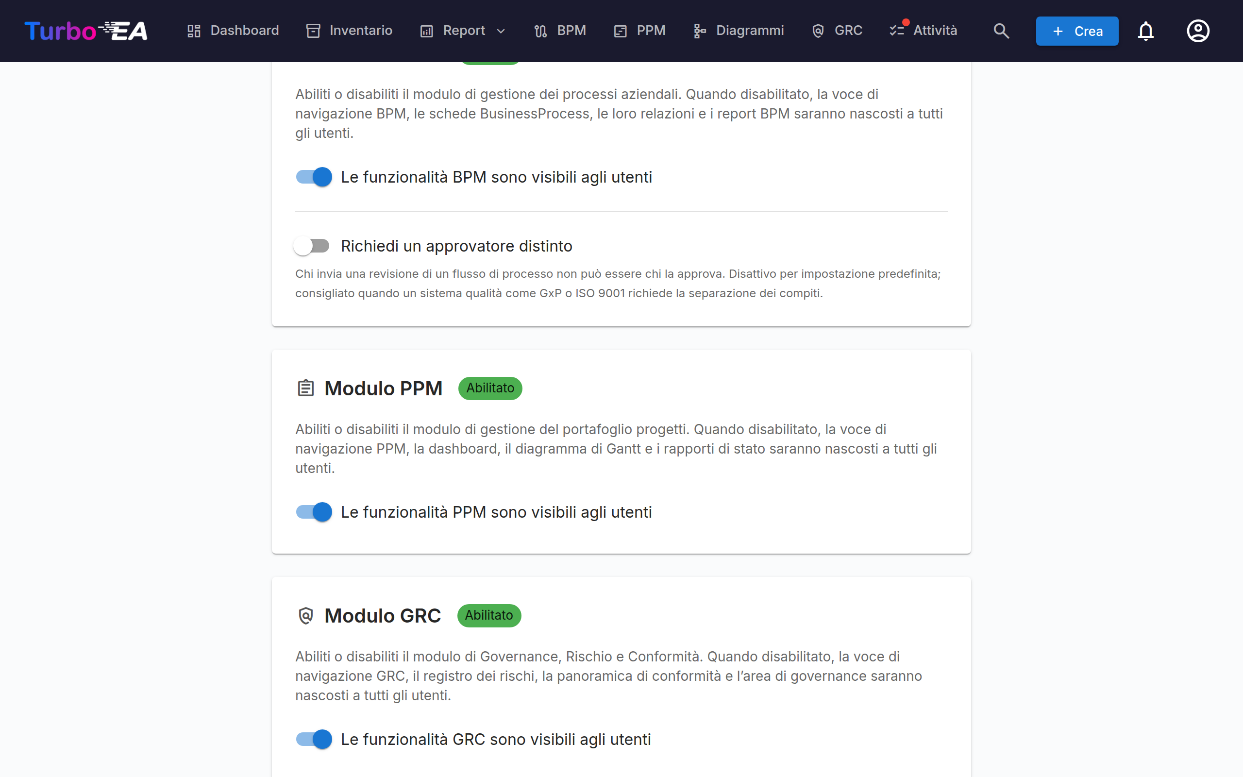 Interruttori dei moduli in Impostazioni → Generali