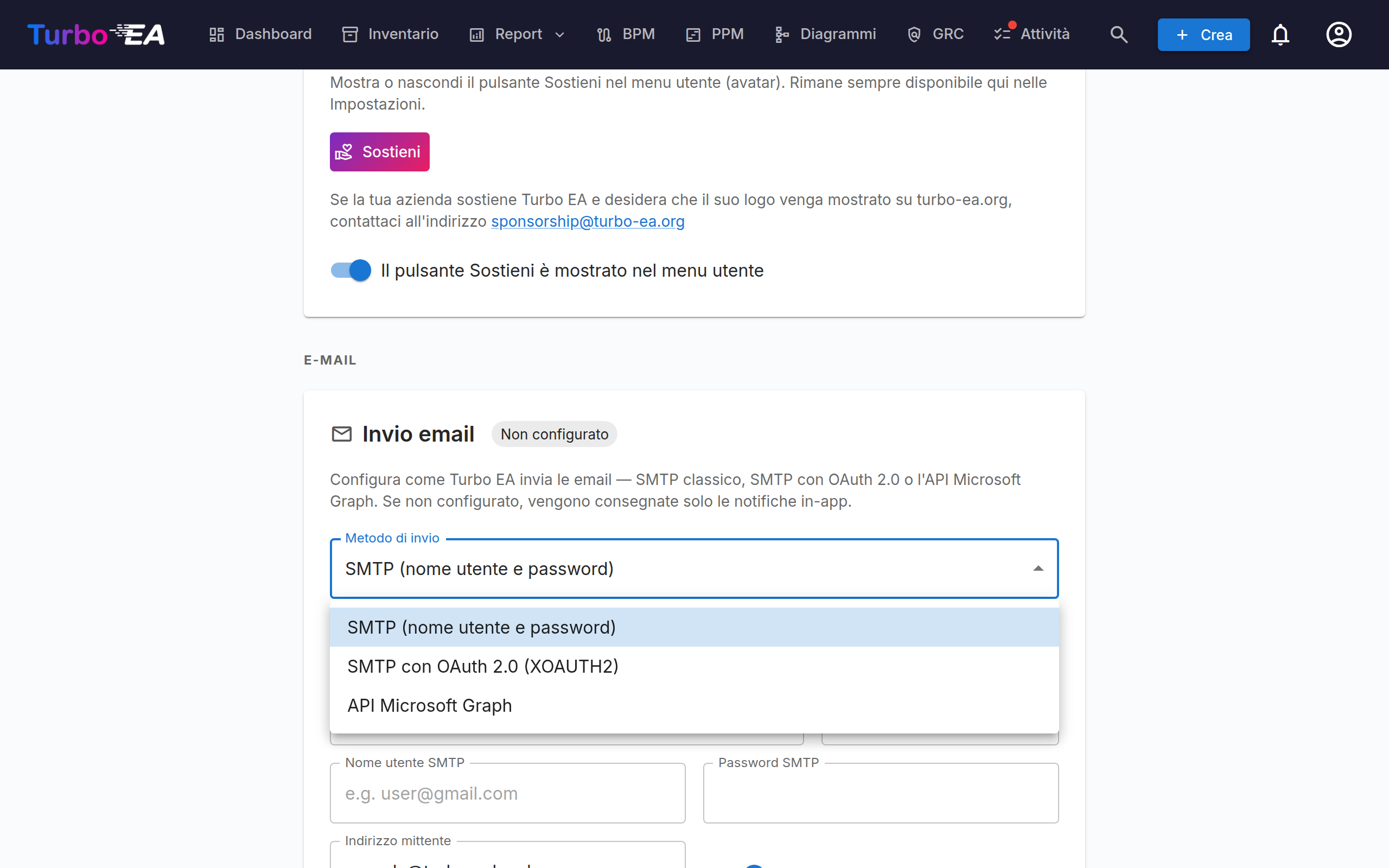 Invio email con l'elenco dei metodi di invio