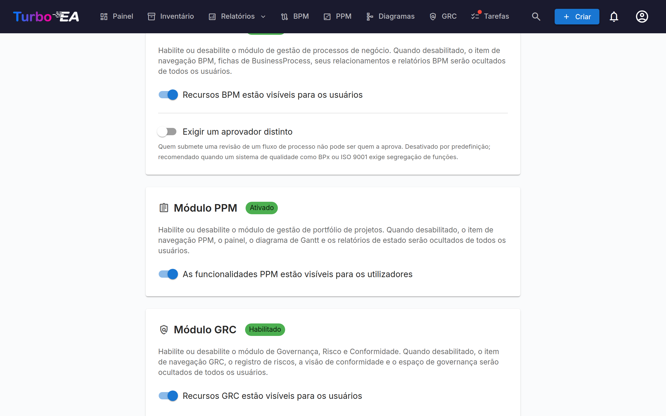 Botões dos módulos em Configurações → Geral