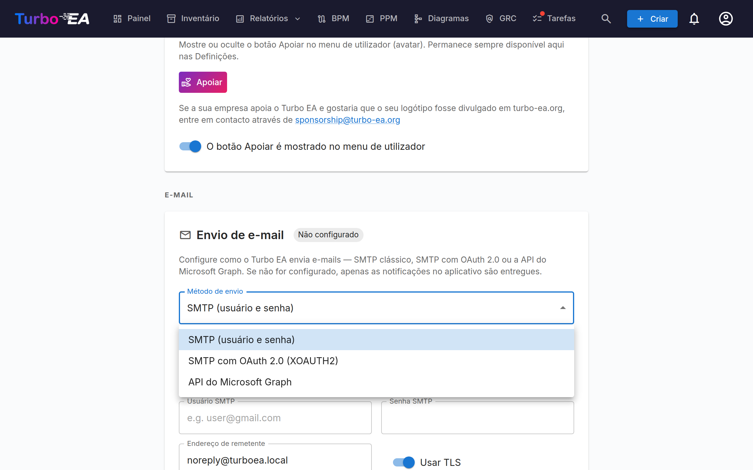 Envio de e-mail com a lista de métodos de envio